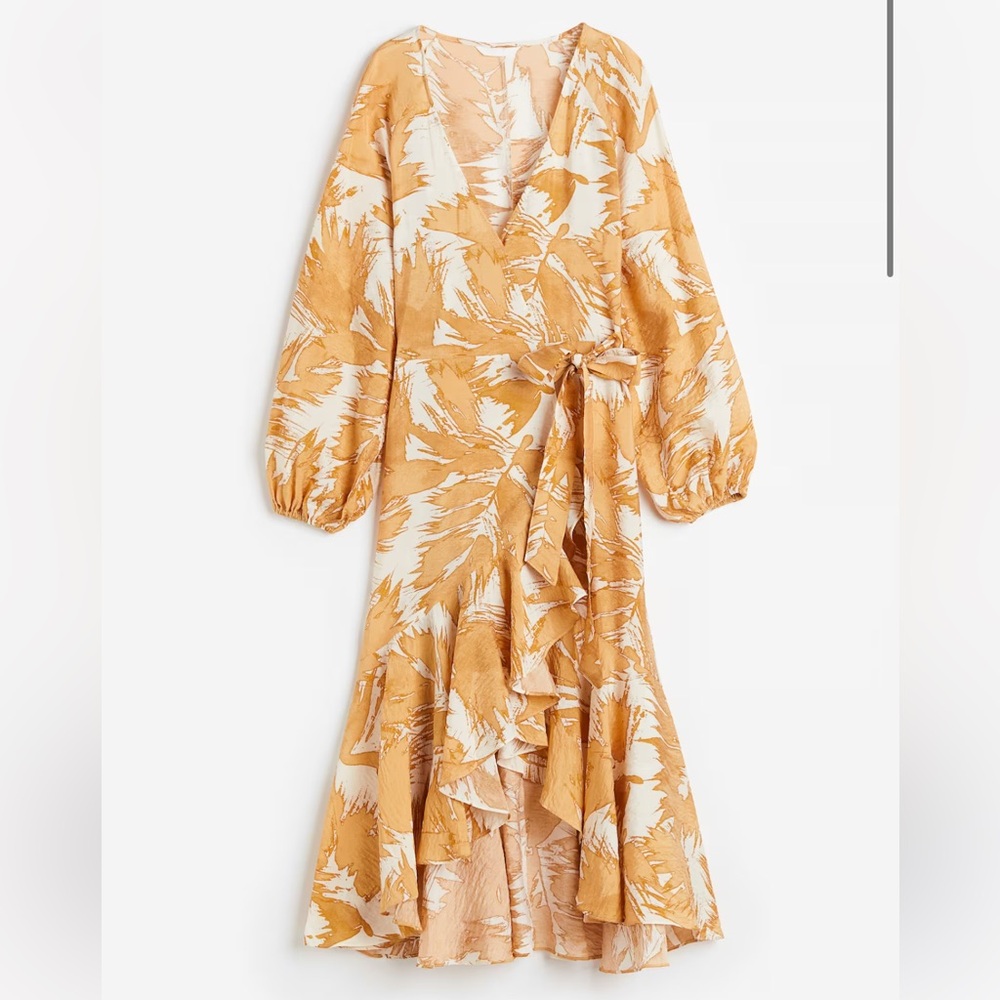 H&M Mustard Yellow and White Printed Wrap Midi Dress